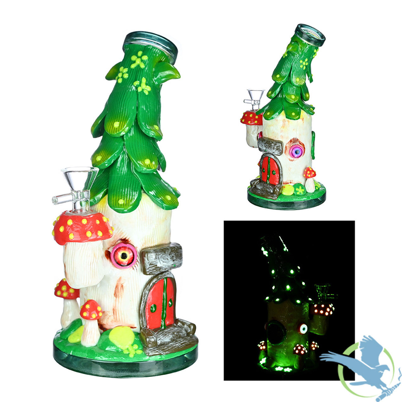 Glass Water Pipe With Glow In The Dark + Mushroom Tree House Design & Straight Neck - 896 Grams - 9 Inches